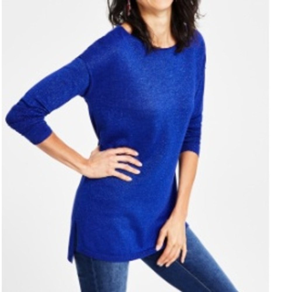 INC International Concepts Blue Metallic Sparkle Boatneck Tunic Sweater XL